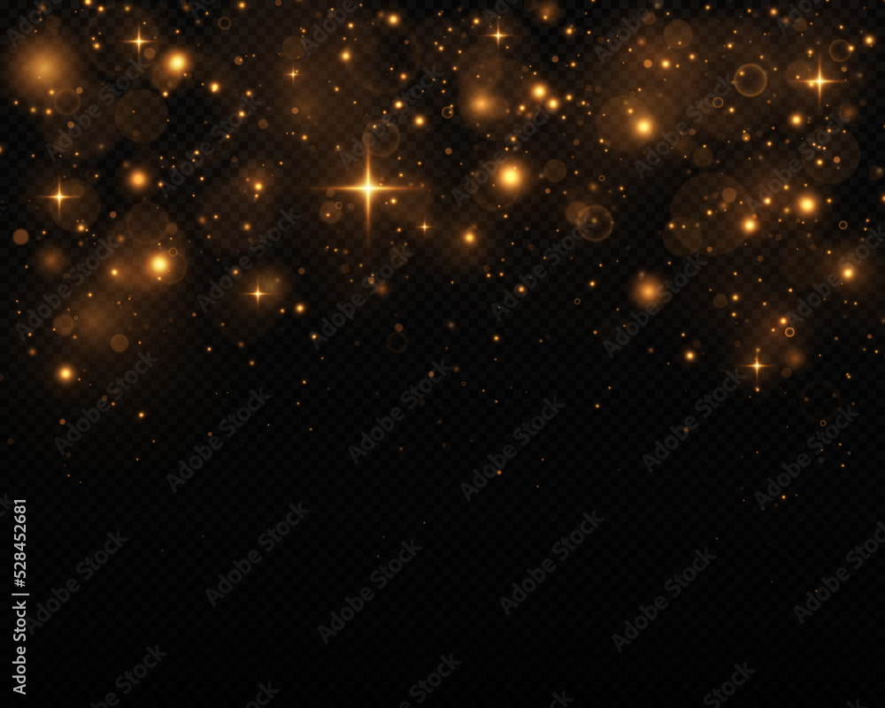 Sparkling magical dust particles. The dust sparks and golden stars shine with special light on a black background. Christmas concept.