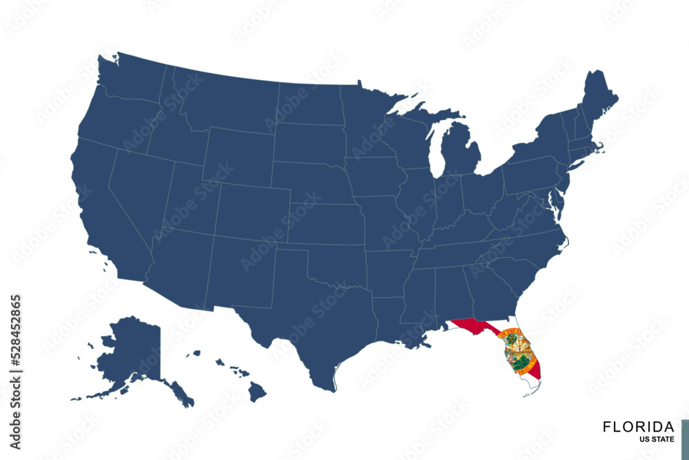 State of Florida on blue map of United States of America. Flag and map of Florida.