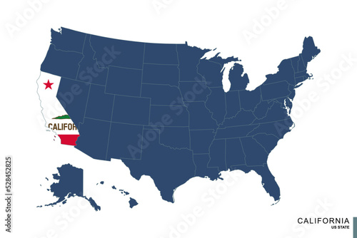 State of California on blue map of United States of America. Flag and map of California.