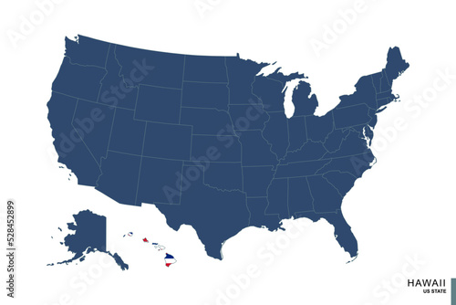 State of Hawaii on blue map of United States of America. Flag and map of Hawaii.