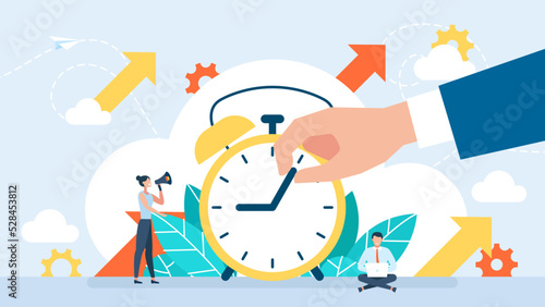 Delay concept. Stop Time. Stopping the time. Trying to stop a Clock. Deadline concept. Clock delay by hand. Businessman holding the minute hand to push turn back time. Vector business illustration