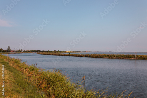 High angle view of Comacchio valleys  a series of contiguous brackish lagoons where fishing is the main occupation. Copy space.