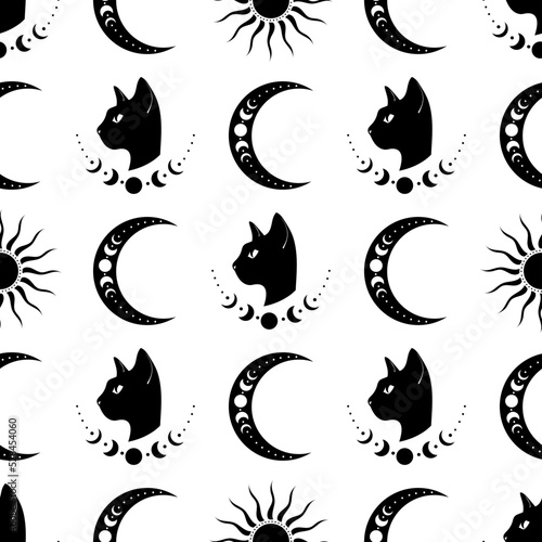 Seamless pattern with a cat. Mystical pattern. Black cat, halloween, Sun, stars, moon, moon phases. Vector.