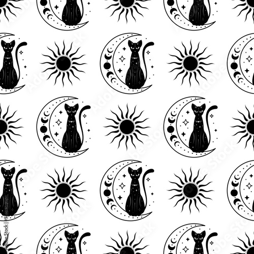 Seamless pattern with a cat. Mystical pattern. Black cat, halloween, Sun, stars, moon, moon phases. Vector.