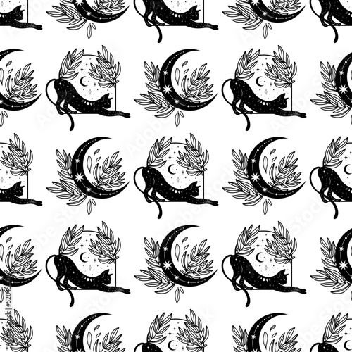 Seamless pattern with a cat. Mystical pattern. Black cat, halloween, Sun, stars, moon, moon phases. Vector.