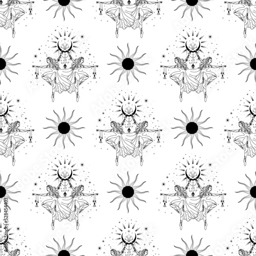 Seamless pattern with witch, girl. Mystical pattern. halloween, sun, stars, moon, moon phases. Vector.