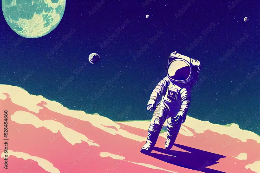 Naklejka premium Astronaut walking on the moon. Digital artwork vintage cartoon style. Man in space with spacesuit. Spaceman graphic concept poster.