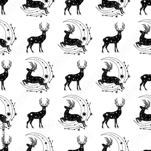 Seamless pattern with deer. Mystical pattern. Sun, stars, moon, phases of the moon. Vector.