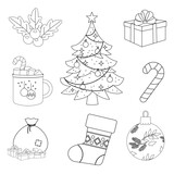Collection of drawn Christmas holiday elements outline. Vector illustration
