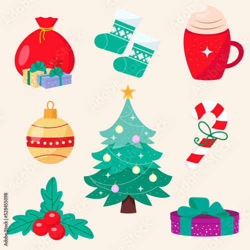 Collection of Christmas drawn elements for the holiday. Vector illustration.