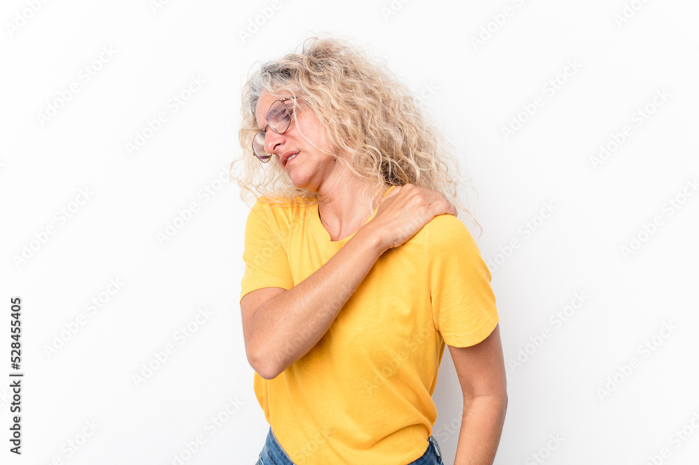 Middle age caucasian woman isolated on white background having a shoulder pain. Middle age caucasian woman isolated on white background having a shoulder pain.