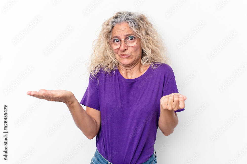 Middle age caucasian woman isolated on white background showing that she has no money. Middle age caucasian woman isolated on white background showing that she has no money.
