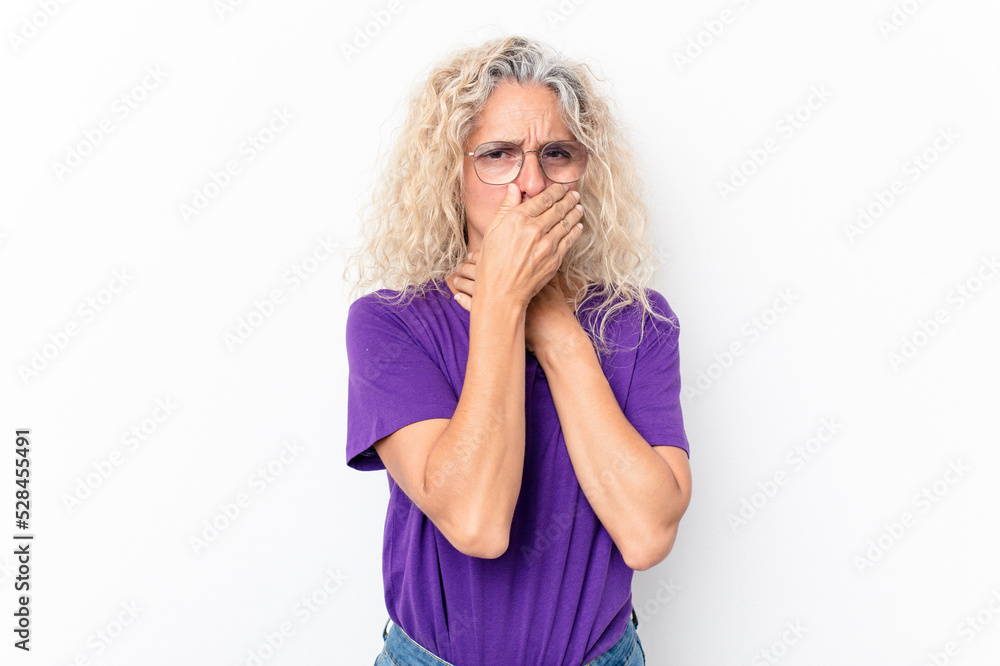 Middle age caucasian woman isolated on white background suffers pain in throat due a virus or infection. Middle age caucasian woman isolated on white background suffers pain in throat due a virus or infection.