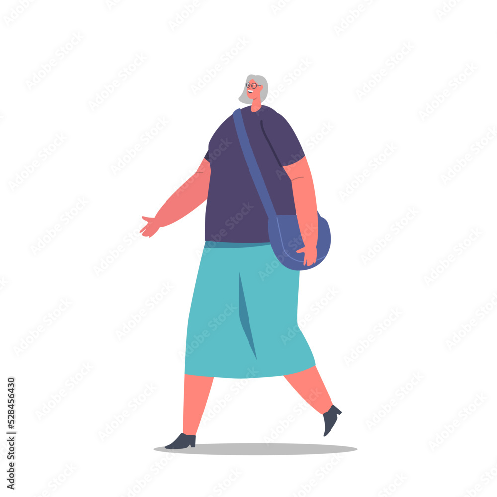 Senior Female Character Wear T-shirt, Long Skirt and Shoulder Bag Isolated on White Background. Mature Positive Woman