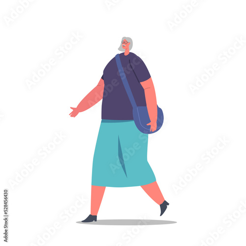 Senior Female Character Wear T-shirt, Long Skirt and Shoulder Bag Isolated on White Background. Mature Positive Woman