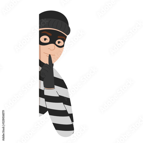 Criminal looking out of corner vector isolated. Illustration of a thief hiding behind the wall. Dangerous character in mask with finger at lips, making a silent gesture.