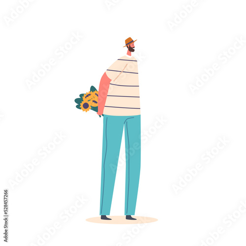 Love and Romantic Human Relations Concept. Male Character Prepare for Dating. Man Hiding Flowers Bouquet behind of Back