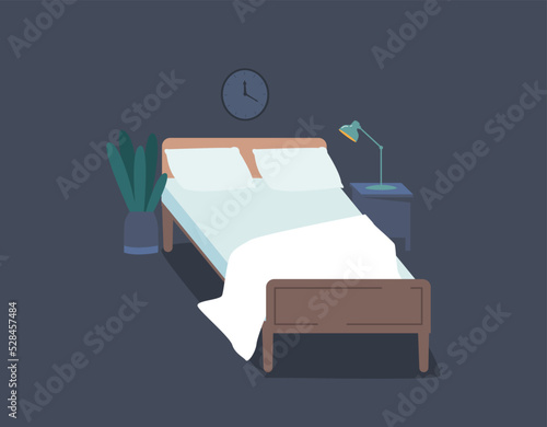 Bed in Bedroom Interior, Dark Room with Clock on Wall, Night Table, Lamp and Potted Plant on Floor, Place for Sleeping