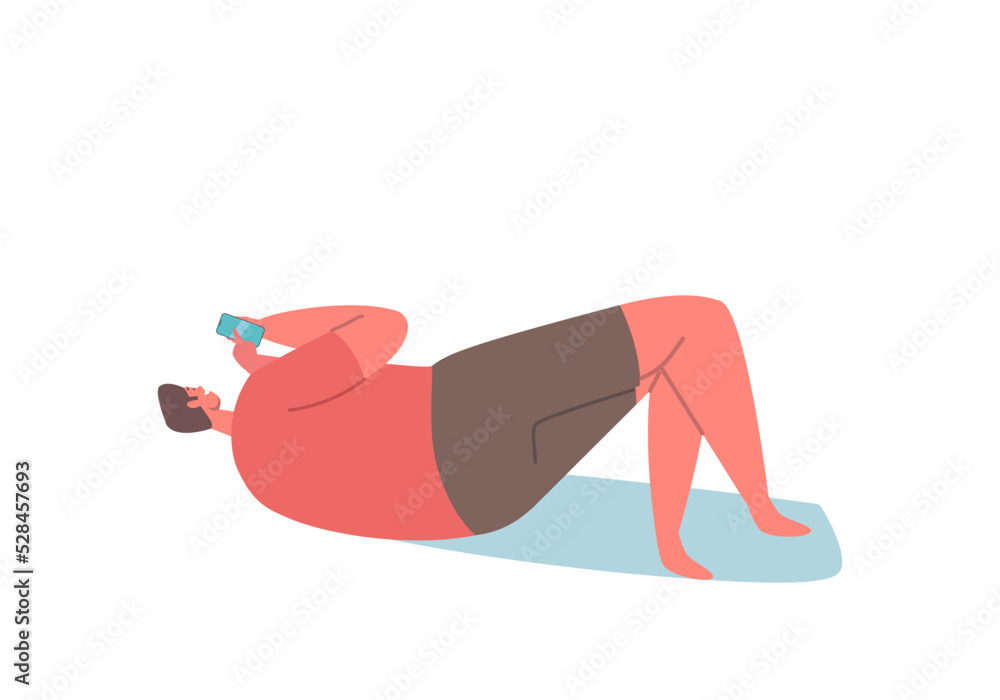 Mobile Phone Communication Concept. Male Character Lying with Cellphone in Hands rear View Isolated on White Background Mobile Phone Communication Concept. Male Character Lying with Cellphone in Hands rear View Isolated on White Background