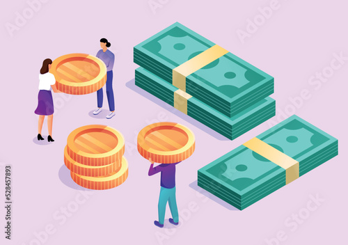 Isometric people holding gold coins