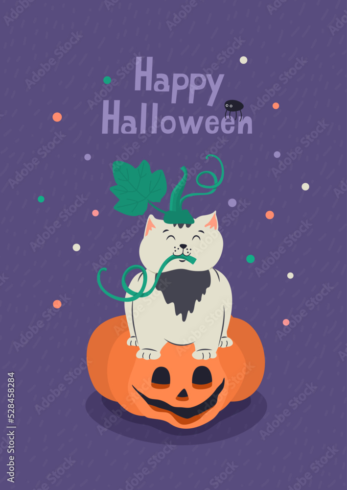 Happy Halloween greeting card with cute kitten and jack-o-lantern pumpkin. Hand drawn lettering and vector illustration.