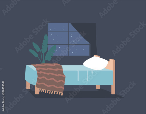 Empty Bedroom Interior with Bed, Dark Room with Curtained Window and Potted Plant. Comfortable Place for Relaxation