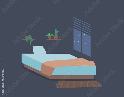 Empty Bedroom Interior with Unmade Bed , Dark Room with Window, Rug on Floor and Potted Plants on Shelves