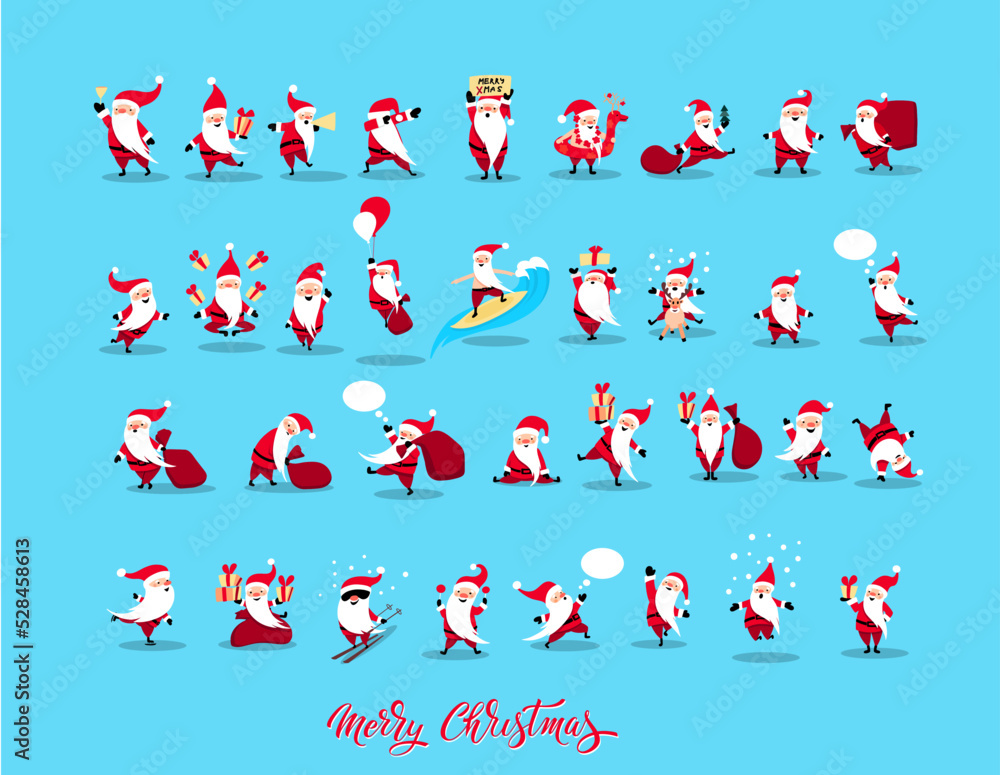 Santa Claus set for Christmas and New Year. Cheerful hand drawn santa. In different poses. Vector illustration