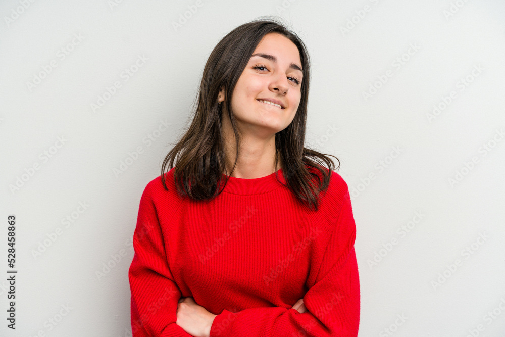 Young caucasian woman isolated on white background laughing and having fun. Young caucasian woman isolated on white background laughing and having fun.