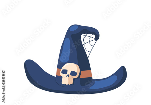 Witch Hat Icon, Magician Blue Headwear, Halloween Necromancer Costume, Wizard Cap With Creepy Skull As Buckle And Web