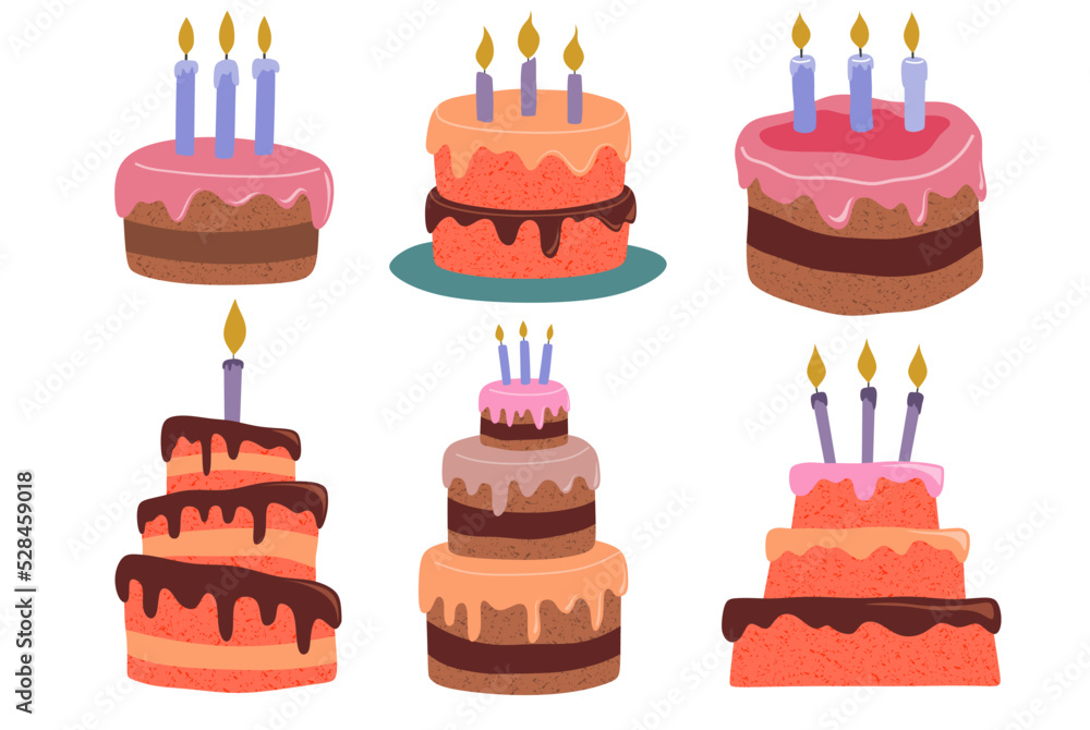 Birthday cakes big set. Vector illustration. Stock Vector | Adobe Stock