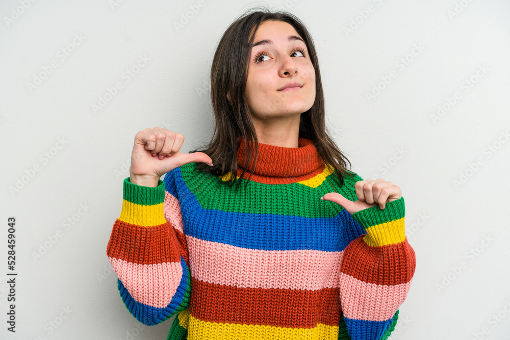 Young caucasian woman isolated on white background feels proud and self confident, example to follow. Young caucasian woman isolated on white background feels proud and self confident, example to follow.