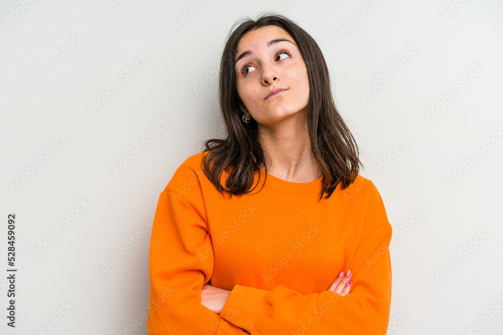 Young caucasian woman isolated on white background unhappy looking in camera with sarcastic expression. Young caucasian woman isolated on white background unhappy looking in camera with sarcastic expression.