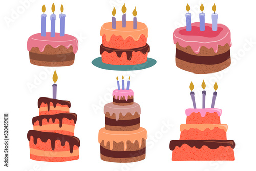 Birthday cakes big set. Vector illustration.