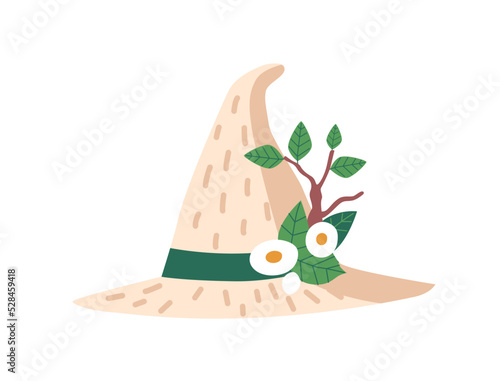 Witch Hat Isolated Icon, White Magician Headwear With Green Hatband And Tree Branch With Green Leaves And Flowers