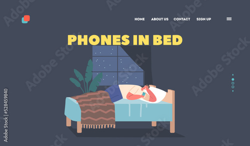 Mobile Phone in Bed Landing Page Template. Male Character with Cellphone in Hand Lying in Bed. Man with Gadget Addiction