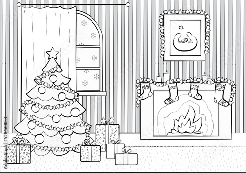 Coloring a room with a decorated Christmas tree, gifts and a fireplace.