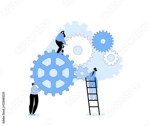 Tiny Business People Spinning Huge Cogwheels, Fixing Clocks or Generate Idea. Alternative Thinking, Time Management