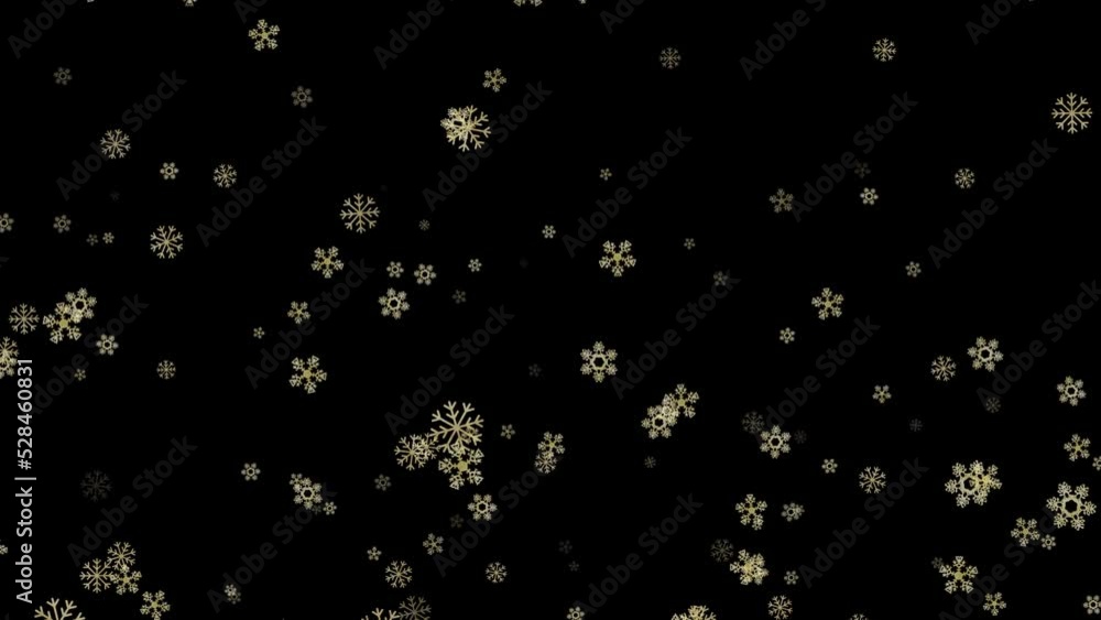 Golden snowflakes falling slowly from the sky. Black background, overlay. Winter. Abstract festive snowfall. 25 fps Golden snowflakes falling slowly from the sky. Black background, overlay. Winter. Abstract festive snowfall. 25 fps