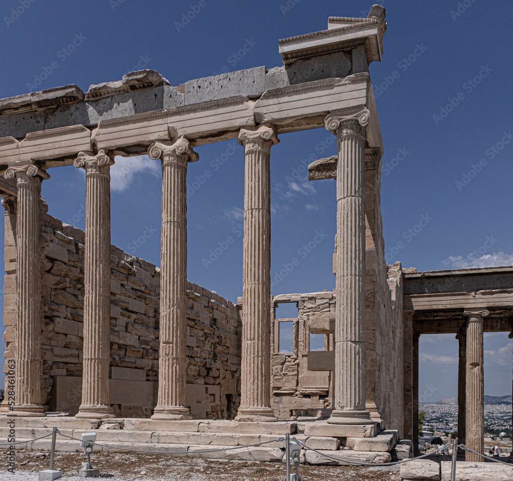 Erechtheum, the Temple of Athena Polios, an ancient Greek Ionic temple on Acropolis of Athens, dedicated to the goddess Athena, Athens, Greece