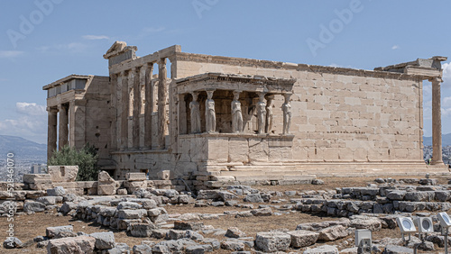 Erechtheum, the Temple of Athena Polios, an ancient Greek Ionic temple on Acropolis of Athens, dedicated to the goddess Athena, Athens, Greece