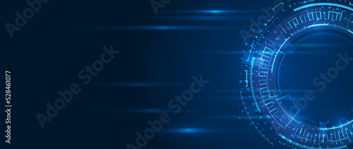 Hi-tech computer digital technology concept. Wide Blue background with various technological elements. Abstract circle technology communication, vector illustration.
