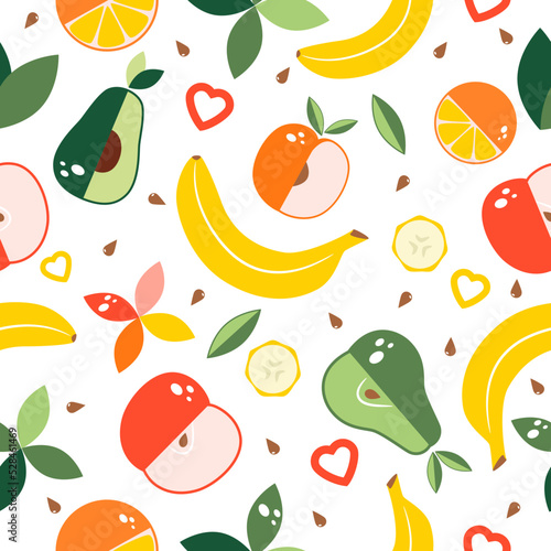 Fototapeta Naklejka Na Ścianę i Meble -  Seamless pattern with fruits, fruit pieces and decorative elements. Vector illustration isolated on white background.