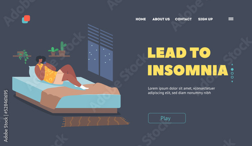 Insomnia Landing Page Template. Female Character with Mobile Phone in Bed. Young Woman Lying in Bed with Smartphone