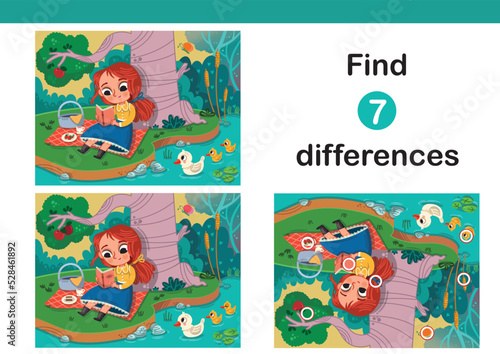 Find 7 differences education game for children  in the picnic theme . Vector illustration.