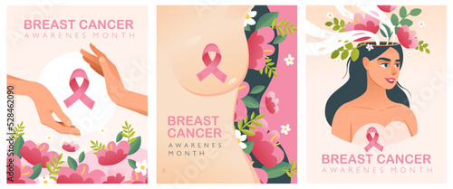Breast cancer Month with a pink ribbon. International Breast Cancer Day. Vector postcards in cartoon style
