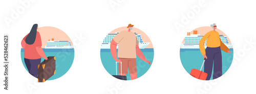 Characters with Luggage Waiting Cruise Liner on Wooden Pier Isolated Round Icons or Avatars. Characters Marine Journey