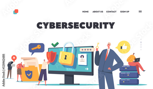 Virtual Cybersecurity Landing Page Template. Computer Privacy, Data Protection in Internet, Characters around of Desktop