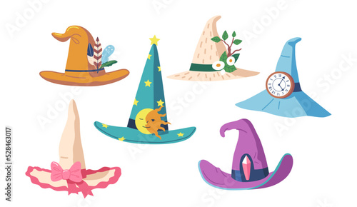 Photographie Set Cute Witch Or Enchantress Hats Isolated Icons, Wizard Headwear, Traditional