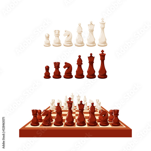 Chess Game Pieces On Chessboard And Stand In Row. Figures King, Queen, Rook, Knight, Bishop, Pawn Isolated On White